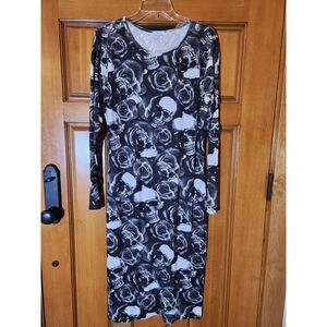LIQUID Skull and Roses Midi BodyCon Dress Black & White Women's Size 16/18